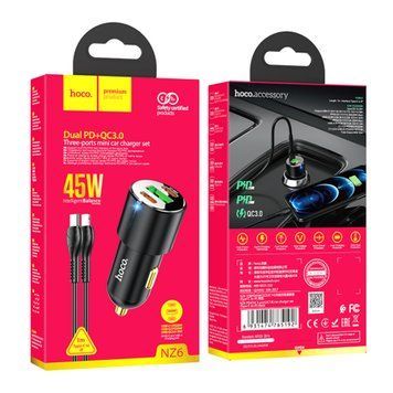 АЗП Hoco NZ6 PD 45W/3A QC3.0 (USB-2USB-C) + cable Type-C to Lightning black 30040 фото