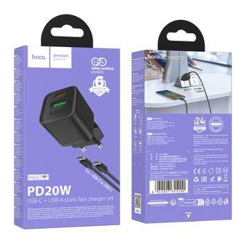 МЗП Hoco N65 PD 20W/3A QC3.0 (USB/USB-C) + cable Type-C to Type-C black 43731 фото