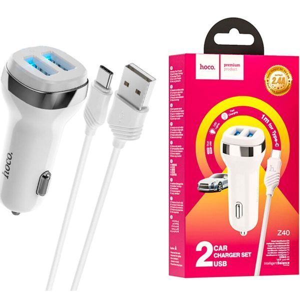 АЗП Hoco Z40 2.4A (2USB) + cable Type-C white 26346 фото
