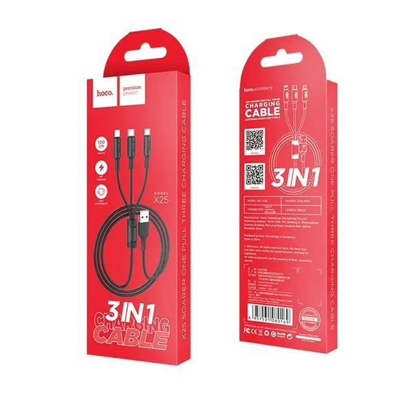 USB Cable Hoco X25 3 in 1 Type-C + Lightning + Micro 2A 1m black 21271 фото